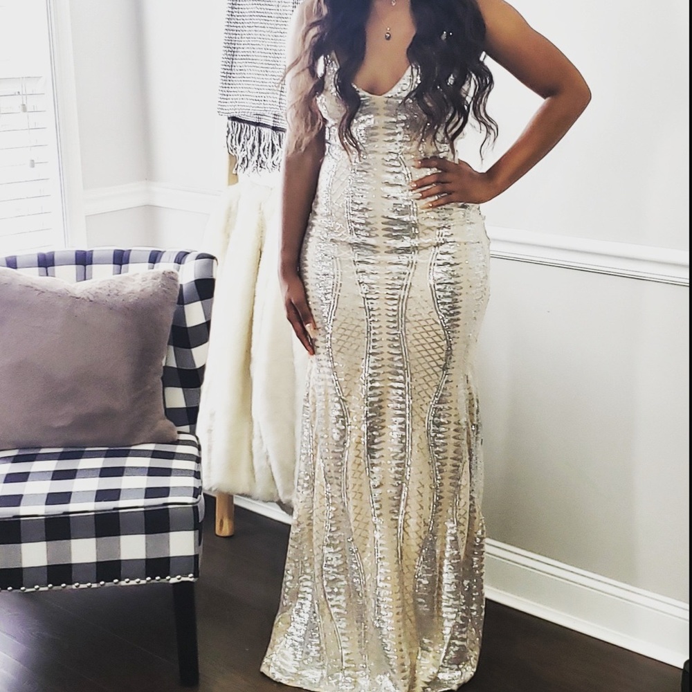 Windsor Champagne Sequin Prom Dress - Picture 2 of 2